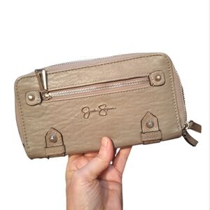 Jessica Simpson Beige TAUPE  Faux Leather Wristlet Wallet Zipper Compartments